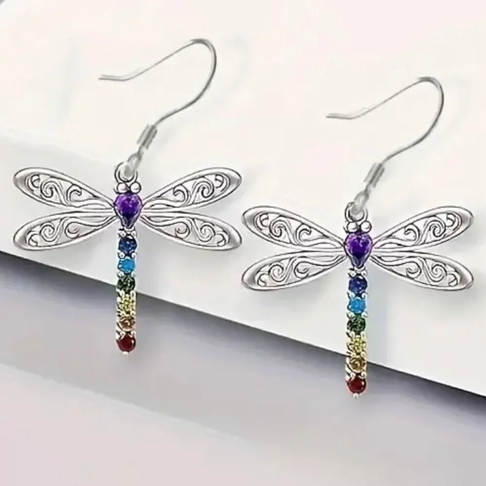 NWT Gorgeous Silver Dragonfly Necklace & Earrings Set with Colorful Rhinestones